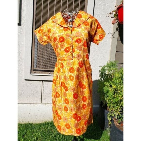 Vintage Dresses & Skirts - Vintage Flower Power Dress Handmade 1950s/60s Bright Orange Flower Child